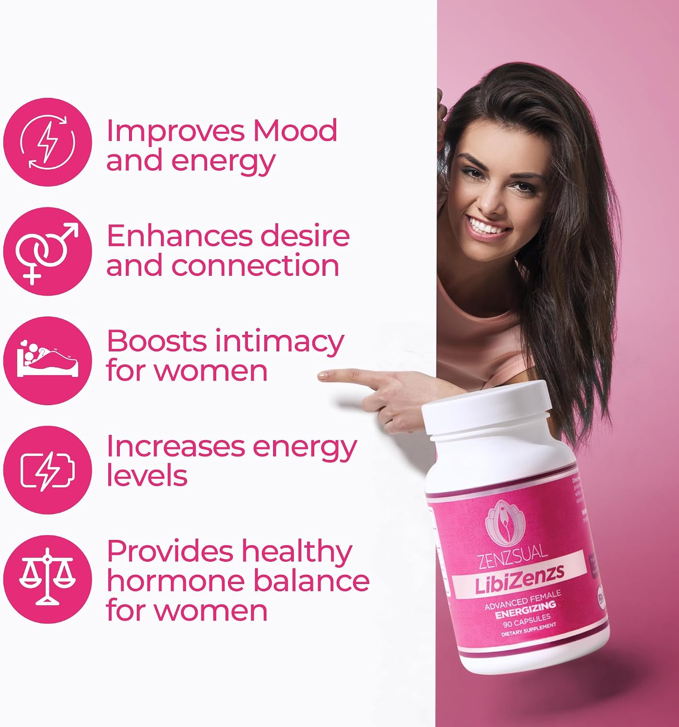 ZENZSUAL Libizenzs – Suplemento energético vegetal para mujeres – Sin cafeína – Con maca, ashwaganda y ginseng – 90 cápsulas veganas