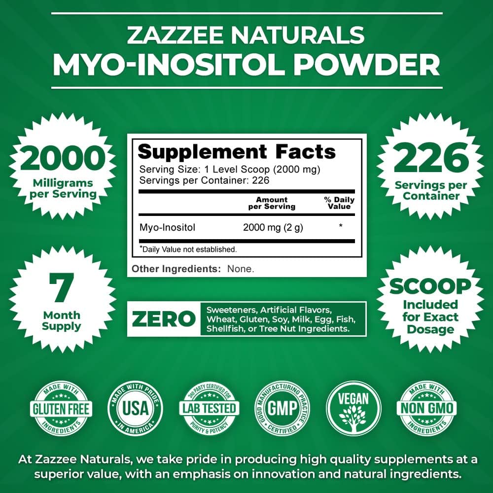 Zazzee Myo-Inositol en Polvo 100% Puro – 2000 mg por Ración, 183 Raciones (6 Meses)