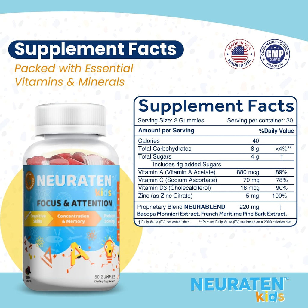 Neuraten Kids Suplemento de Atención y Concentración, 60 gominolas sabor bayas