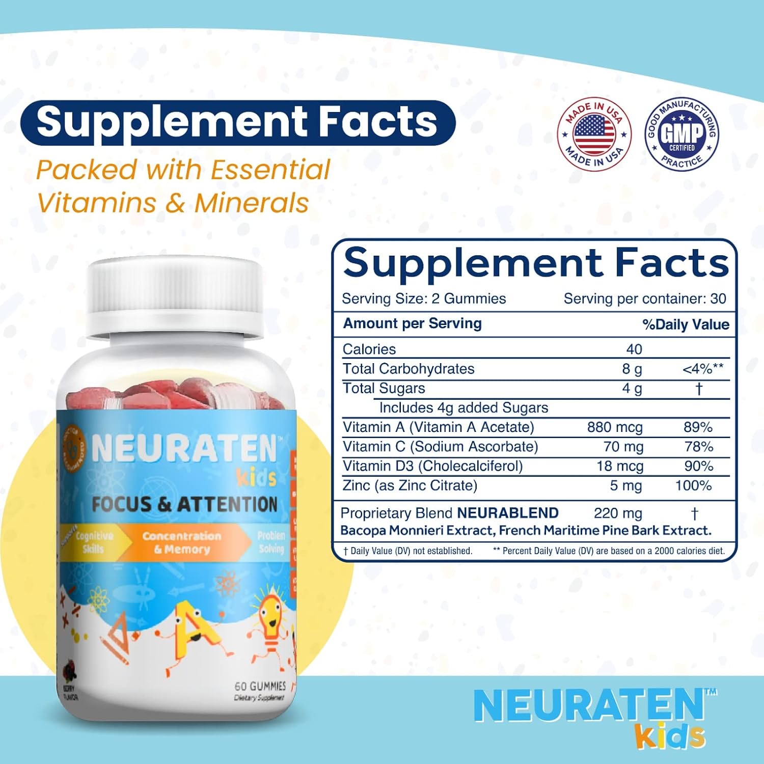 Neuraten Kids Suplemento de Atención y Concentración, 60 gominolas sabor bayas
