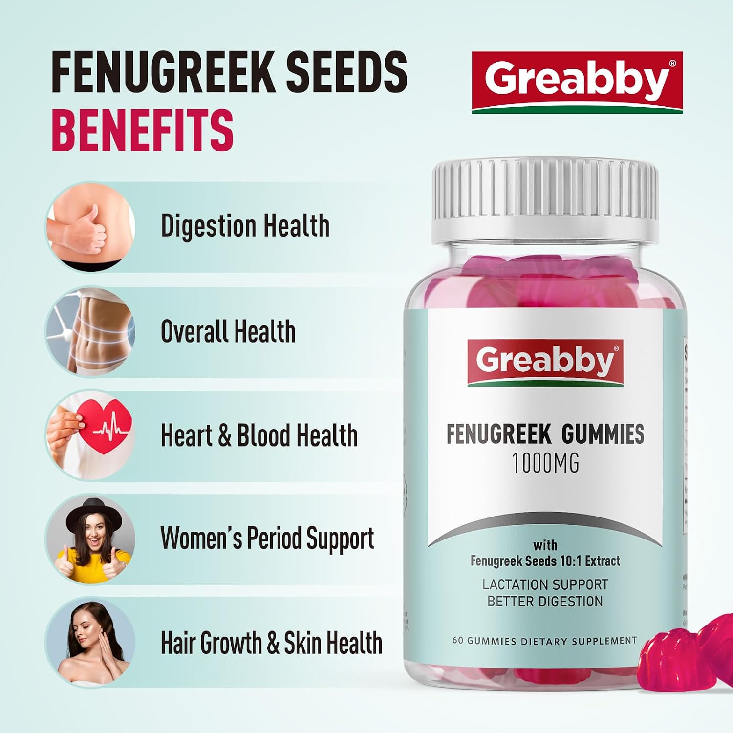 GREABBY Gomitas de Fenogreco 1000mg - Suplemento Orgánico para Lactancia - 60 Gomitas Veganas
