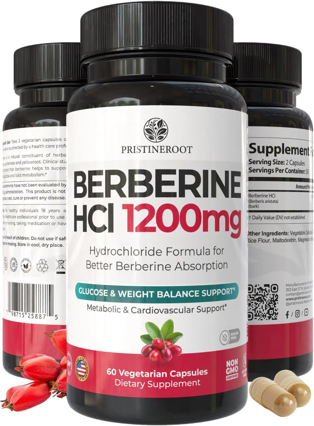 PristineRoot Berberina 1200mg – Suplemento Orgánico de Berberina – 60 Cápsulas