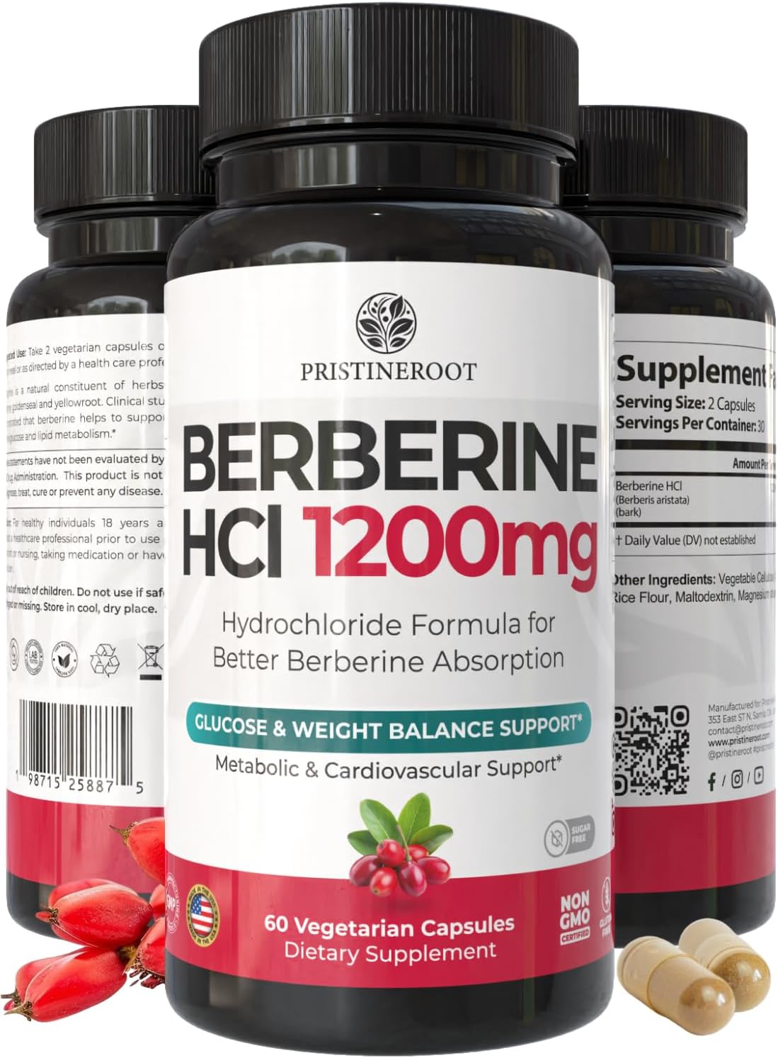 PristineRoot Berberina 1200mg – Suplemento Orgánico de Berberina – 60 Cápsulas