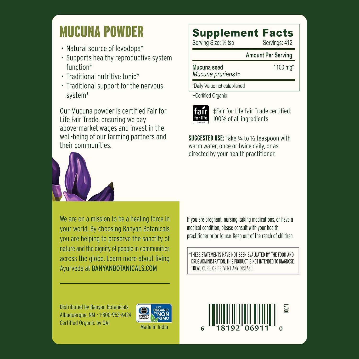 Banyan Botanicals Kapikacchu en polvo, 1 libra - USDA Orgánico - Mucuna pruriens