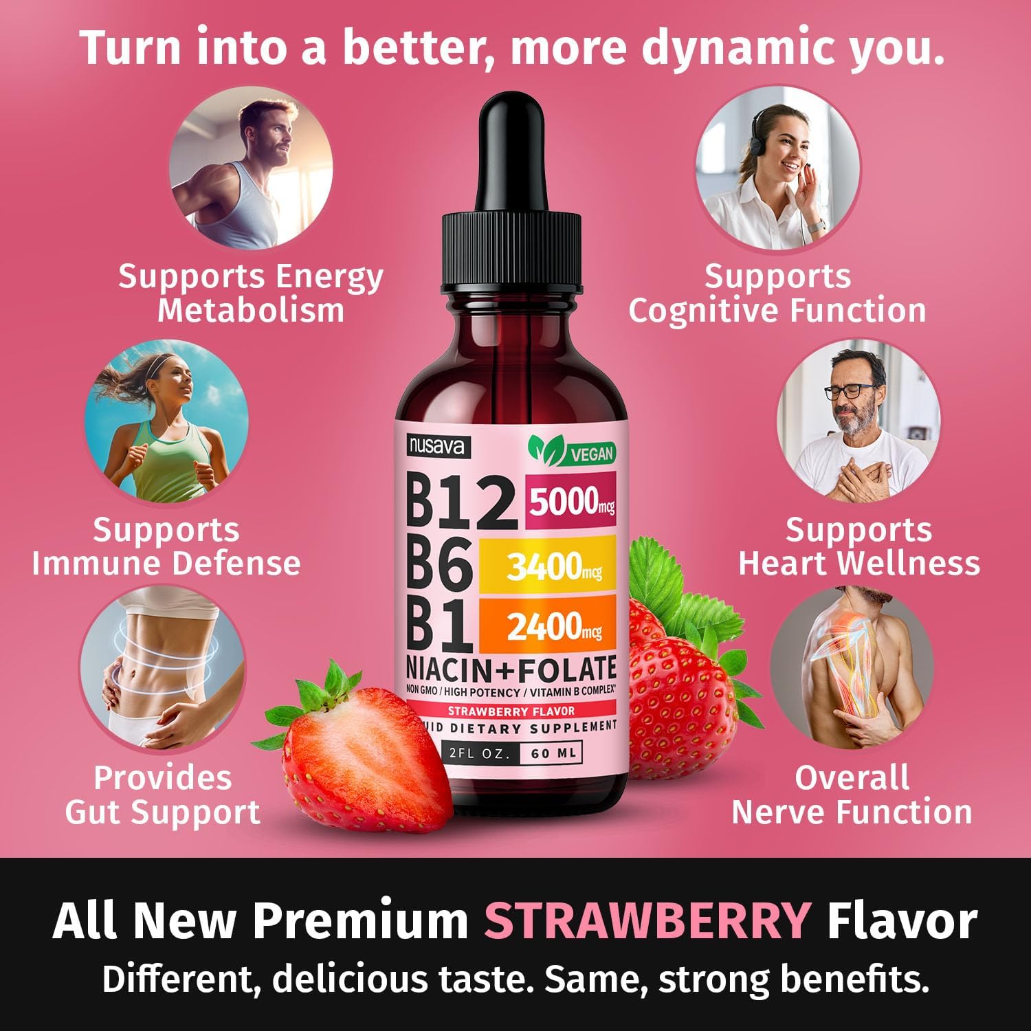 NUSAVA (4 Pack) Gotas de Vitamina B12 Líquida 5000mcg - Complejo B con B6 y B1 - Metilcobalamina - Vegano, Sin OGM, Sabor Fresa (2 oz, 160 dosis)