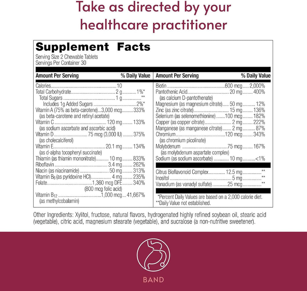 Bariatric Advantage Essential Multivitamin Chewable Iron-Free - 200% DV of Key Nutrients - Berry Flavor - 60 Tablets