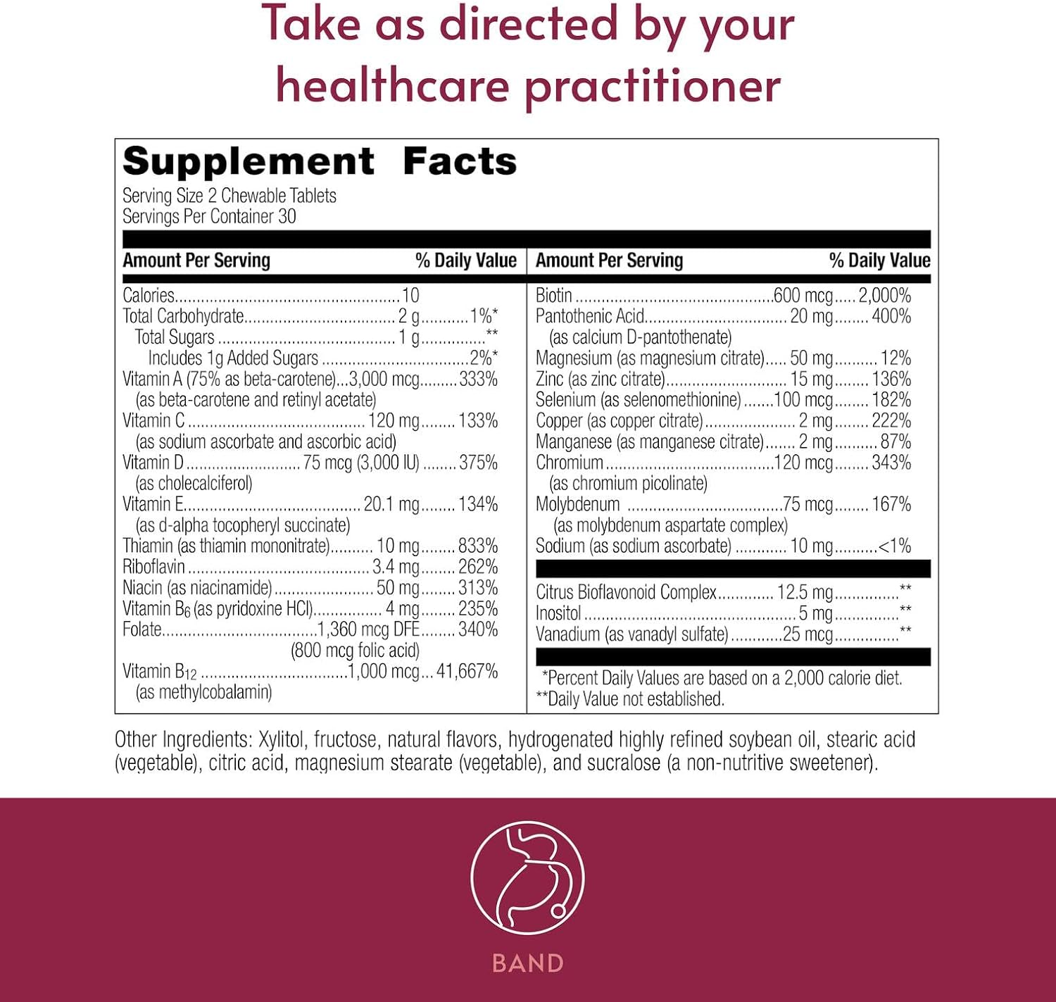Bariatric Advantage Essential Multivitamin Chewable Iron-Free - 200% DV of Key Nutrients - Berry Flavor - 60 Tablets
