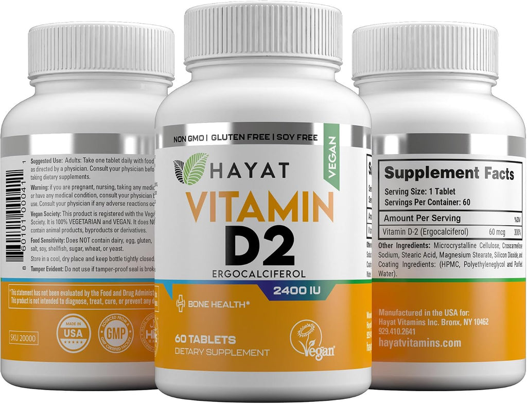 HAYAT Vitamins Vitamina D2 Natural Vegana 2400 UI, Certificada Halal (Paquete de 3)