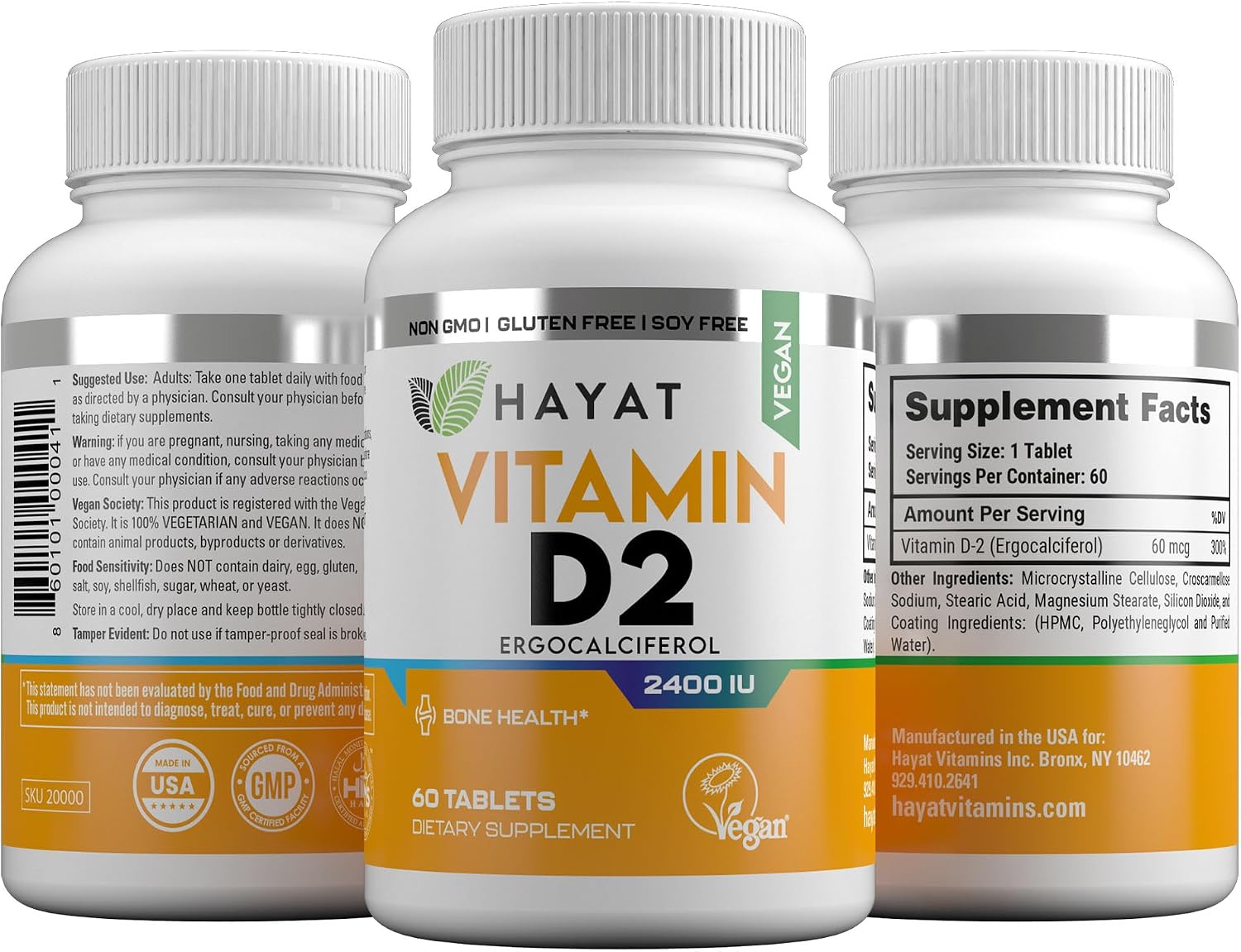 HAYAT Vitamins Vitamina D2 Vegana 2400 UI (60 mcg) - 60 Comprimidos