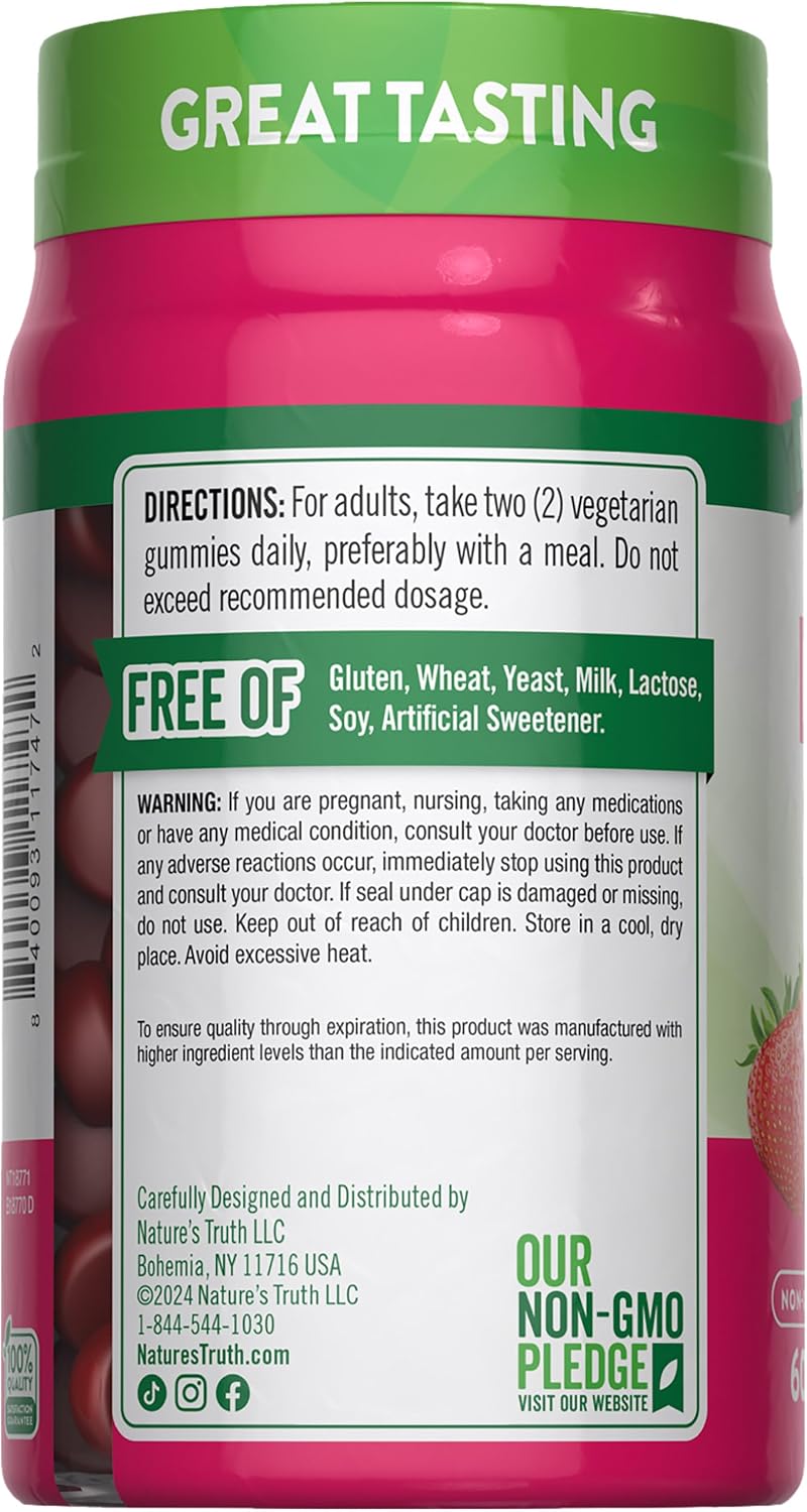 Nature's Truth Vitamin D3 y B12 Gominolas para Adultos - 60 unidades - Sabor Fresa - Vegetarianas, No GMO y Sin Gluten
