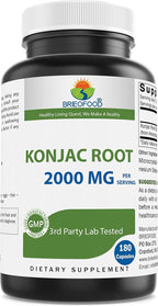 Brieofood Glucomannan de Raíz de Konjac 2000 mg por Dosis - 180 Cápsulas Vegetarianas