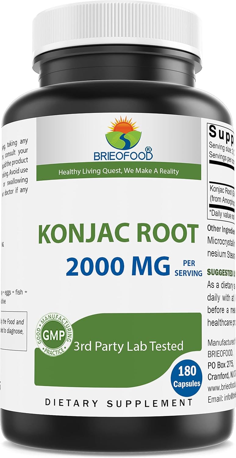 Brieofood Glucomannan de Raíz de Konjac 2000 mg por Dosis - 180 Cápsulas Vegetarianas