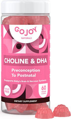GOJOY NATURALS Gominolas prenatales con colina y DHA - Para preconcepción, embarazo y posparto - Colina bitartrato 250mg + DHA 150mg - Vegano, sin azúcar, no GMO