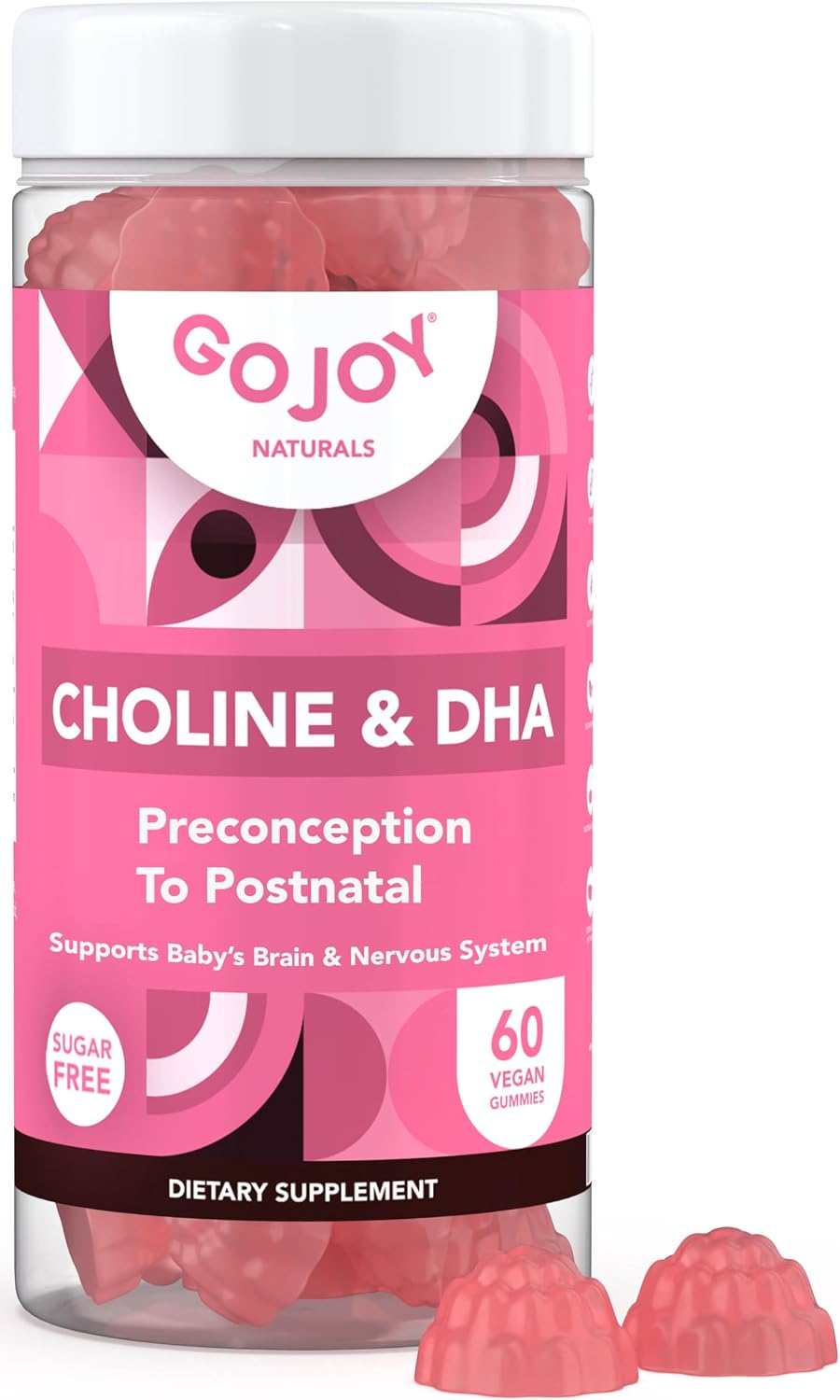 GOJOY NATURALS Gominolas prenatales con colina y DHA - Para preconcepción, embarazo y posparto - Colina bitartrato 250mg + DHA 150mg - Vegano, sin azúcar, no GMO