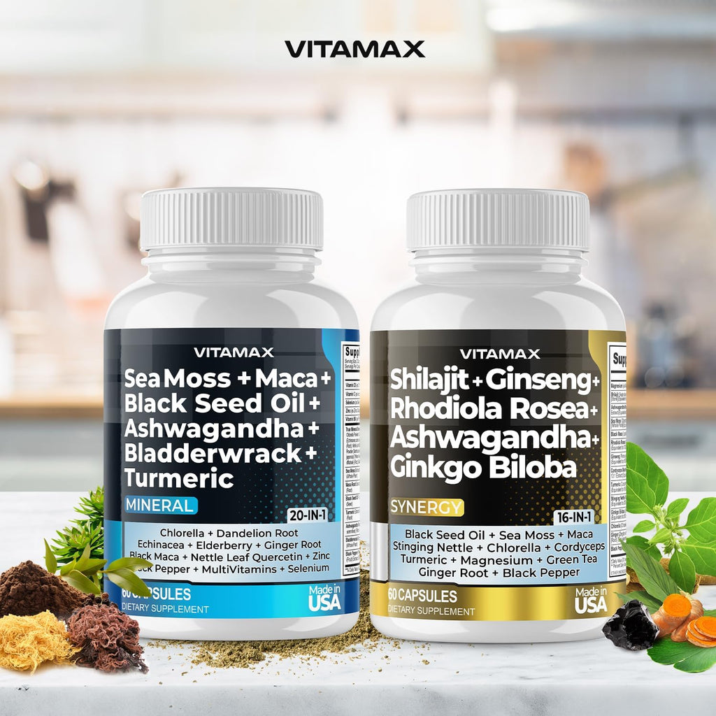Vitamax Pure Himalayan Shilajit con Sea Moss, Ashwagandha, Bladderwrack y Ginkgo Biloba - Cápsulas Veganas