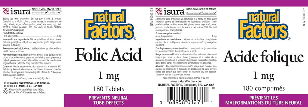 Ácido Fólico 1 mg, 180 Comprimidos – Natural Factors
