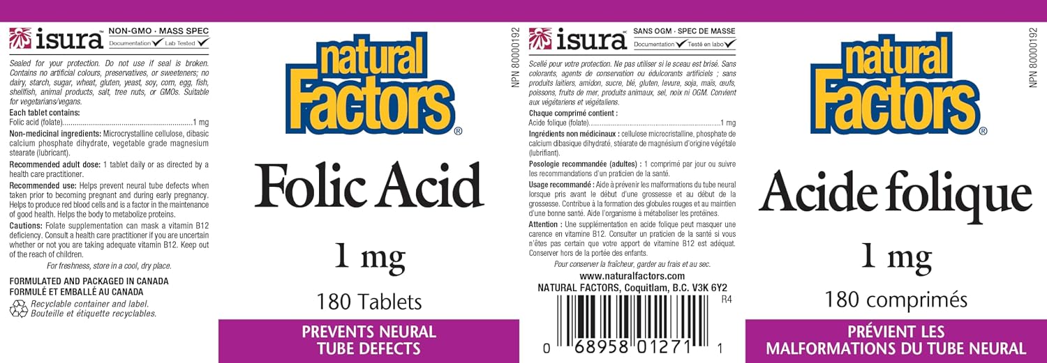 Ácido Fólico 1 mg, 180 Comprimidos – Natural Factors