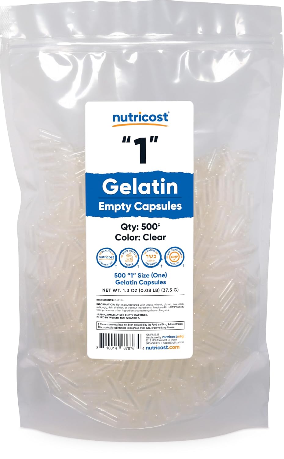Nutricost Cápsulas Vacías de Gelatina Tamaño 1 - 500 Cápsulas Transparentes