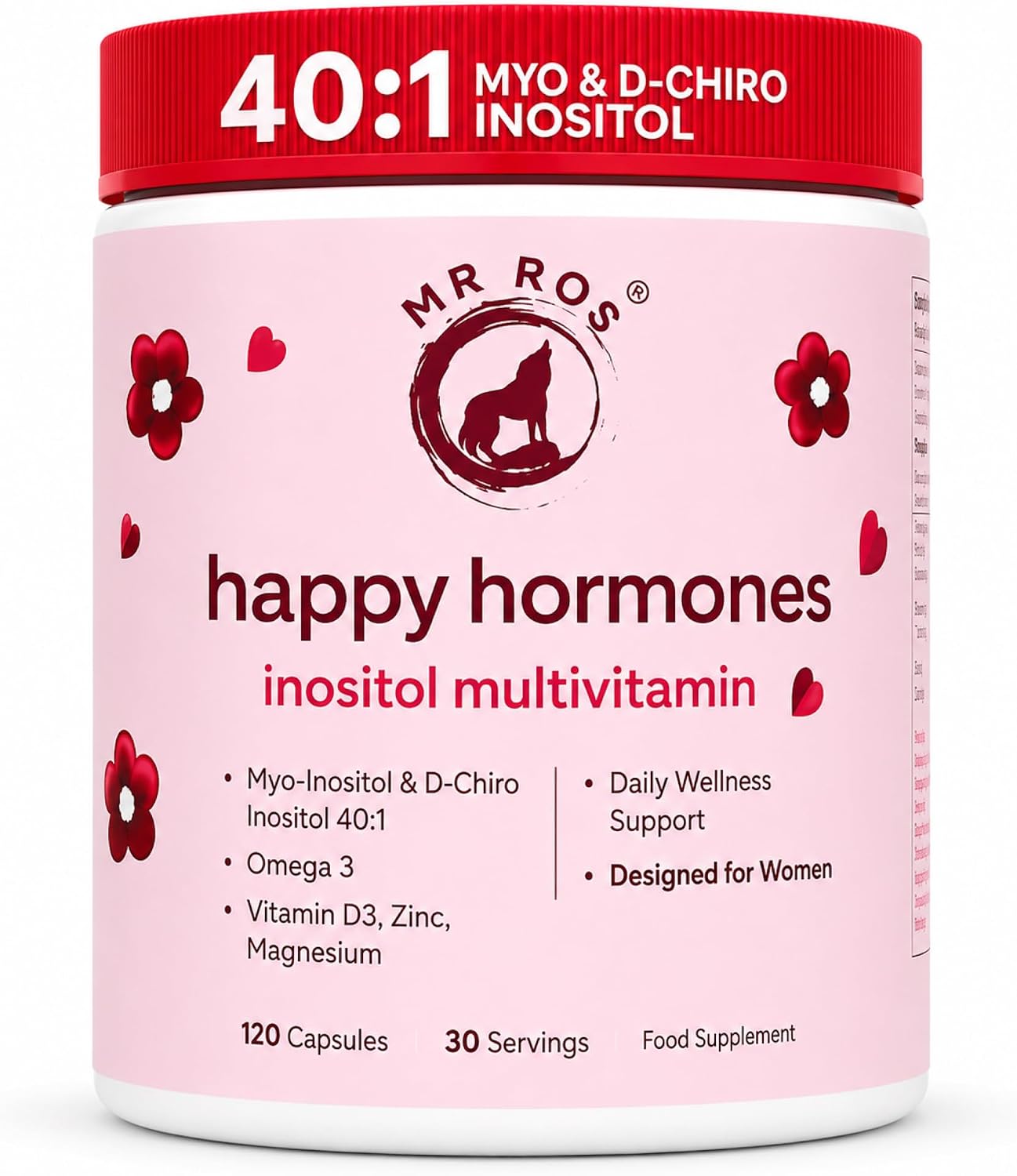 Myo & D-Chiro Inositol 40:1 para Mujeres | 2000mg Myo + 50mg D-Chiro | Omega 3, Magnesio, Zinc & Vitamina D3 | 120 Cápsulas