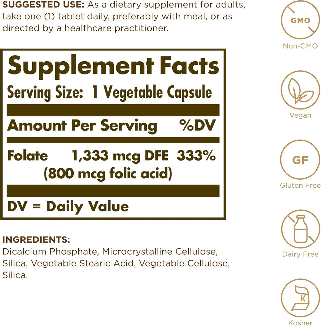 Solgar Folato 1,333 mcg DFE (Ácido Fólico 800 mcg) - 250 Comprimidos