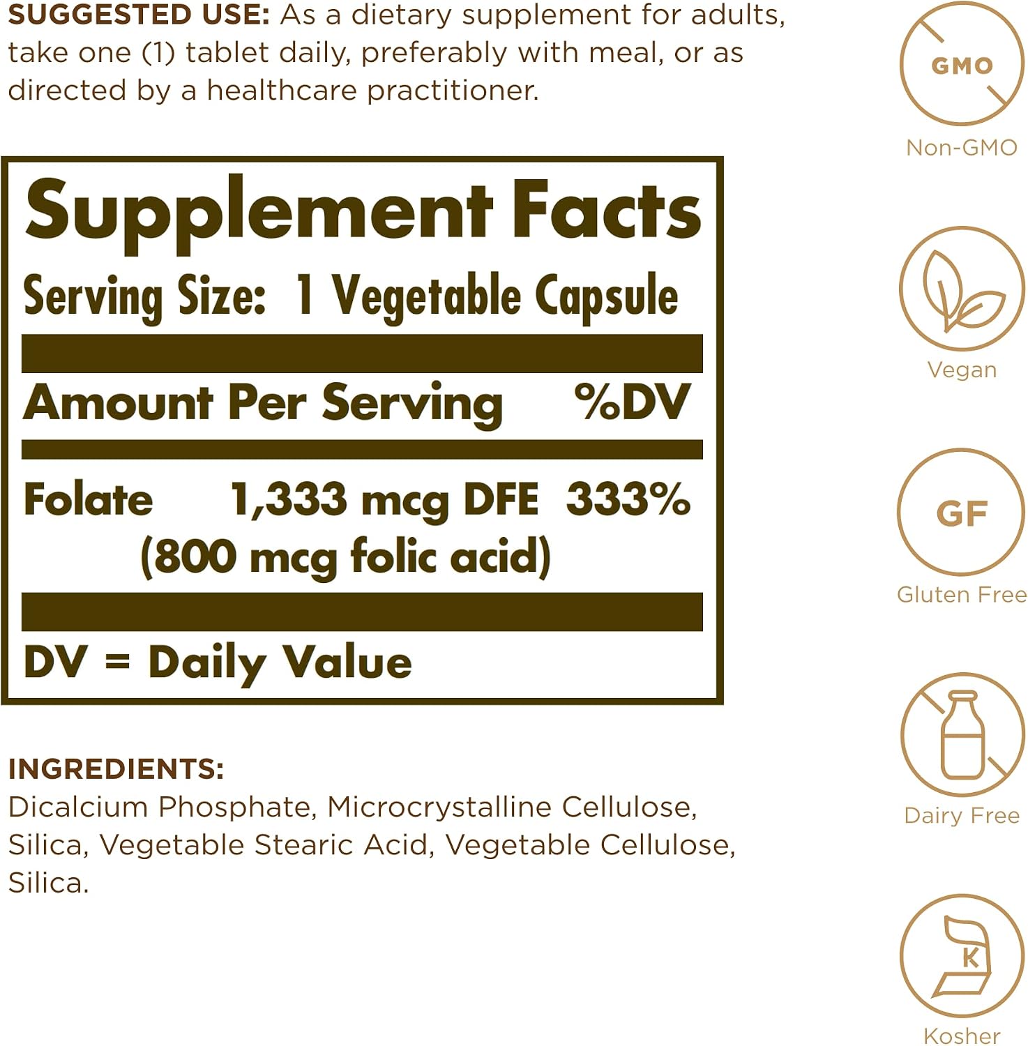 Solgar Folate 1,333 mcg DFE (Folic Acid 800 mcg) - 250 Tablets, Pack of 2 - Prenatal Support - Non-GMO, Vegan, Gluten Free, Dairy Free, Kosher, Halal - 500 Total Servings