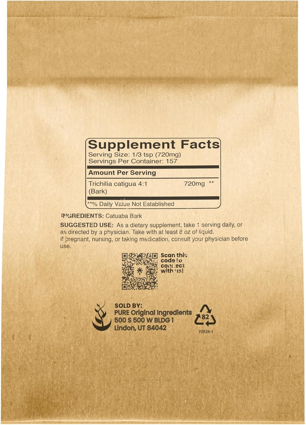 PURE ORIGINAL INGREDIENTS Extracto de Corteza de Catuaba 4:1, 4 oz (113 g) en Polvo Fino