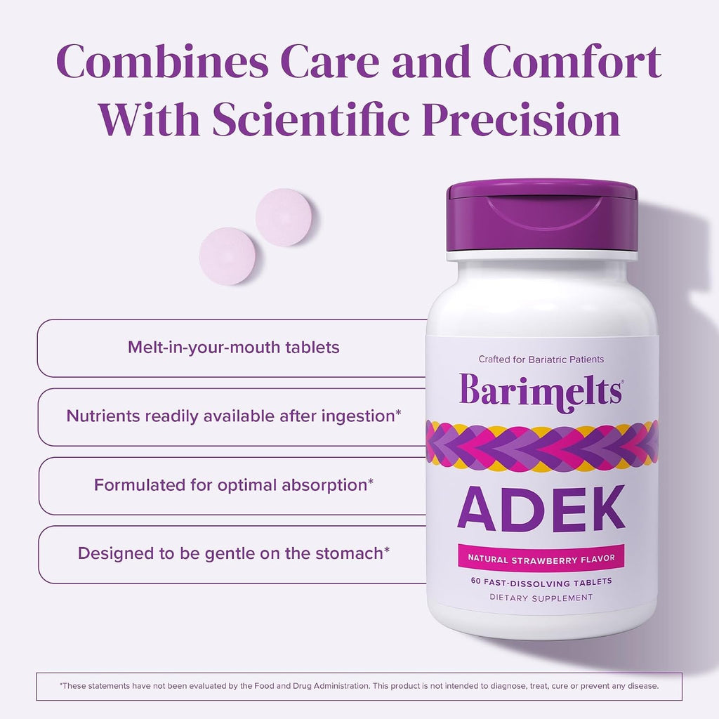 Barimelts ADEK - 60 comprimidos de disolución rápida (2 meses) - Vitaminas bariátricas para mujeres con vitamina A, D, E y K, sabor natural a fresa