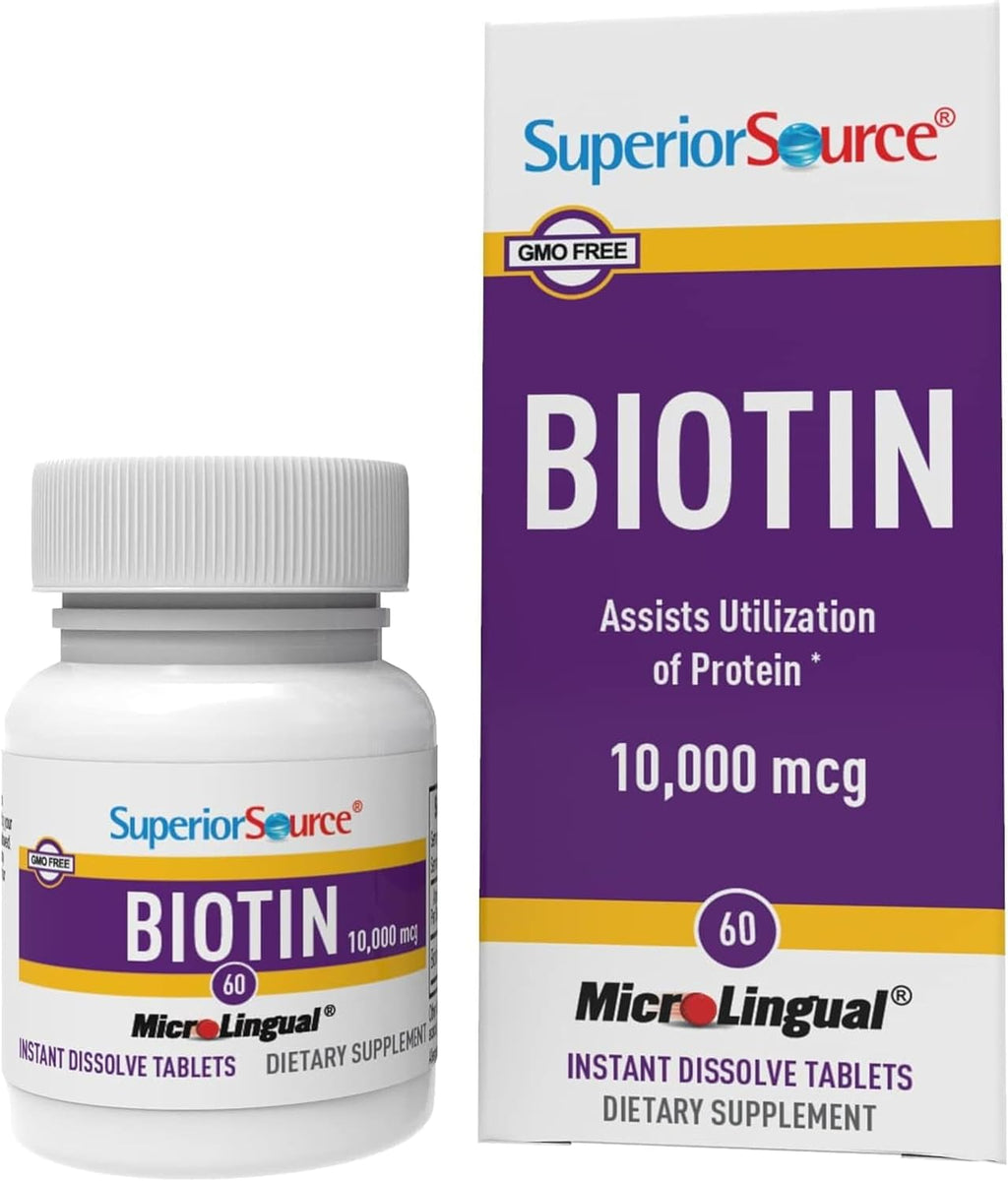 Superior Source Biotina 10.000 mcg - Suplemento dietético de biotina para cabello, piel y uñas - 60 tabletas sublinguales de disolución rápida