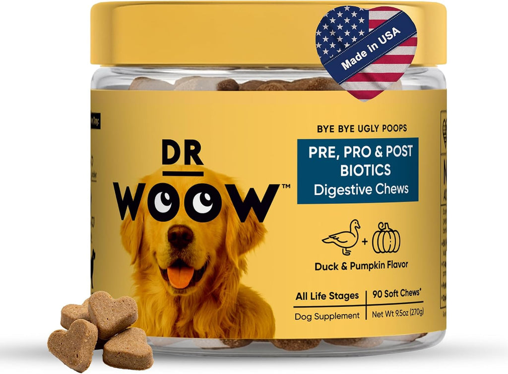 DR WOOW Probióticos para Perros – Masticables Suaves con Enzimas Digestivas – Sabor Pato y Calabaza – 90 Unidades