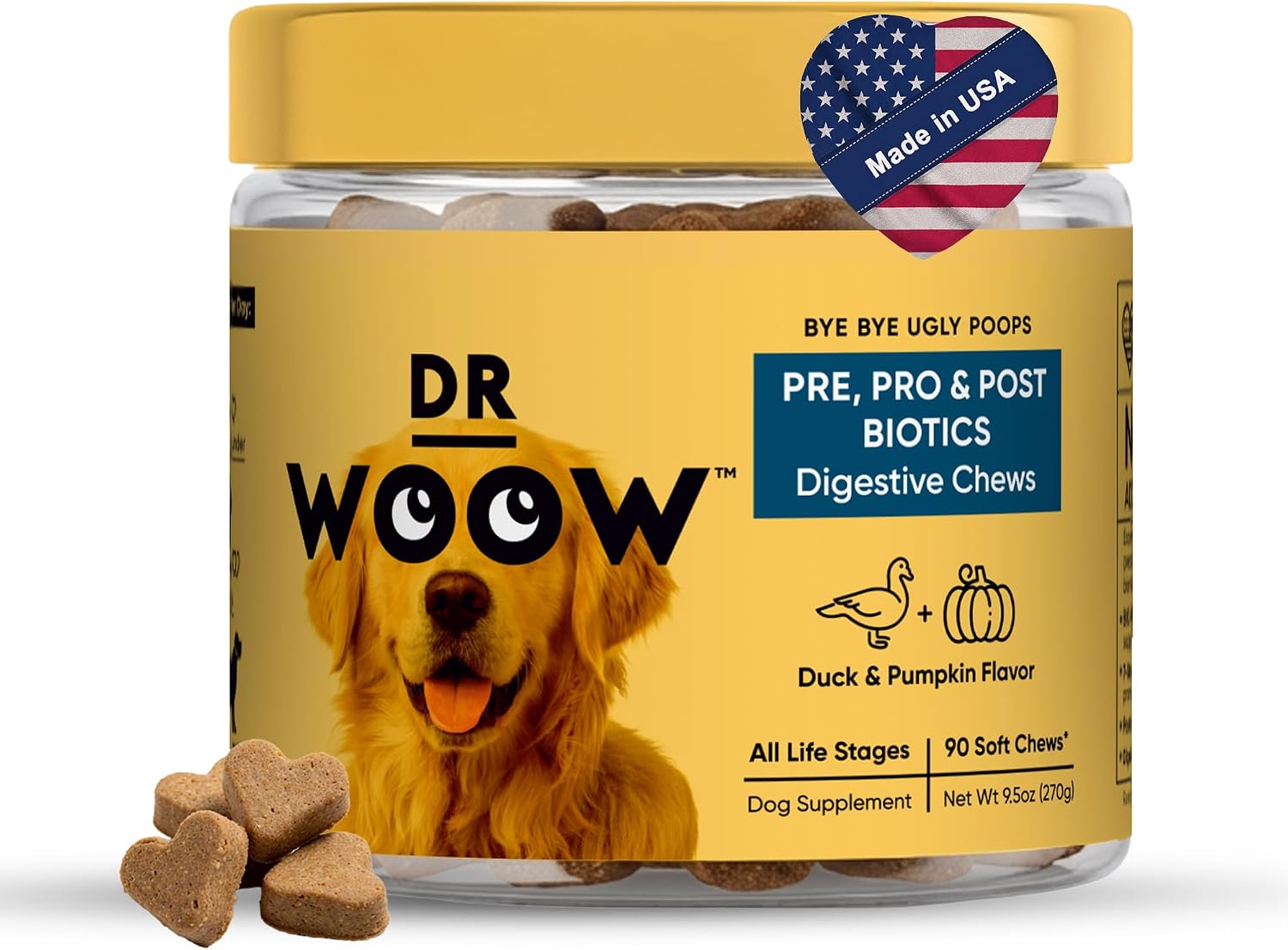 DR WOOW Probióticos para Perros – Masticables Suaves con Enzimas Digestivas – Sabor Pato y Calabaza – 90 Unidades