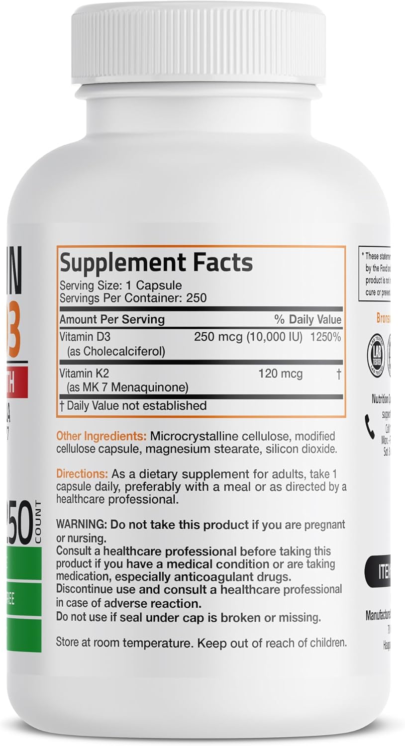 Bronson Vitamina D3 y K2 MK-7 Extra Fuerte 10000 UI + 120 mcg, 250 Cápsulas