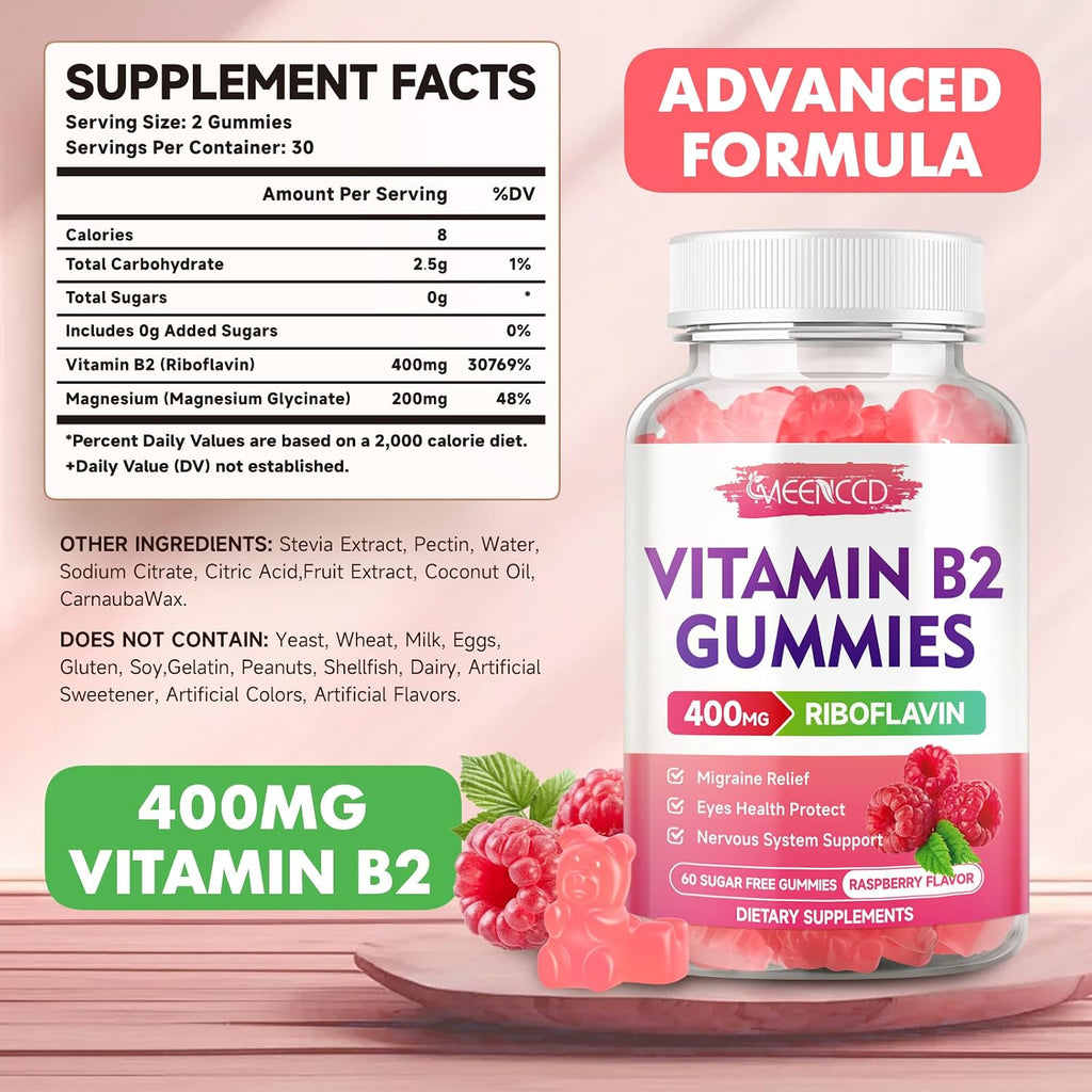 Gominolas de Vitamina B2 (Riboflavina) 400 mg con Magnesio – Sin Azúcar, Veganas, Sabor Frambuesa – 60 Unidades