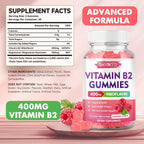 Gominolas de Vitamina B2 (Riboflavina) 400 mg con Magnesio – Sin Azúcar, Veganas, Sabor Frambuesa – 60 Unidades