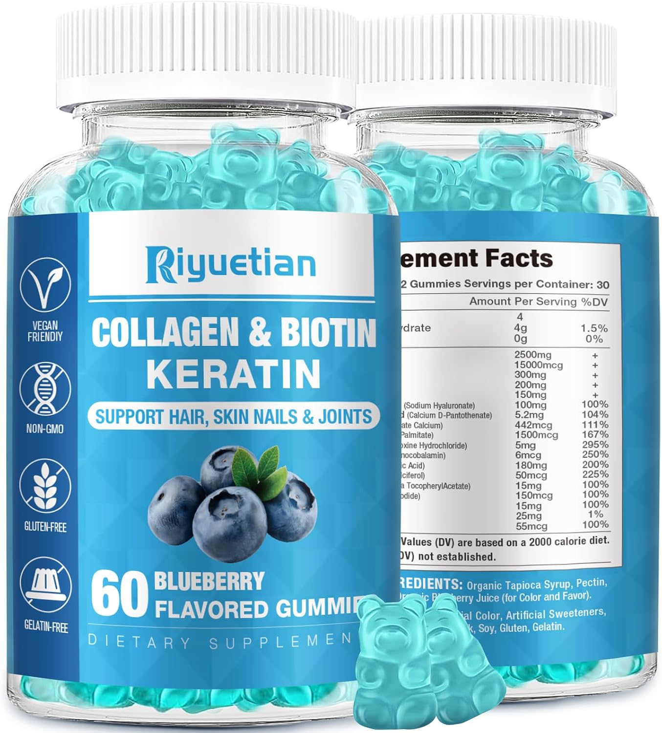 Riyuetian Biotin Gummies 15000mcg con Colágeno - Gomitas para Cabello, Piel y Uñas - Vegano, Sin OGM - 60 unidades