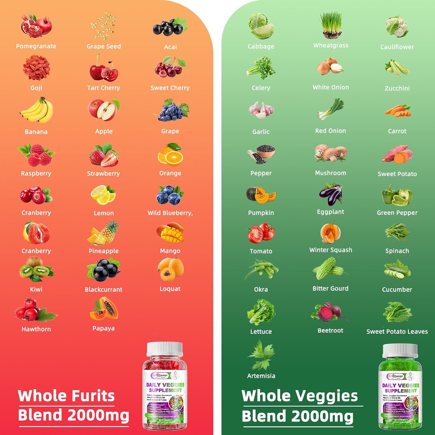 Alliwise Gominolas Multivitamínicas de Frutas y Verduras sin Azúcar - 120 uds.