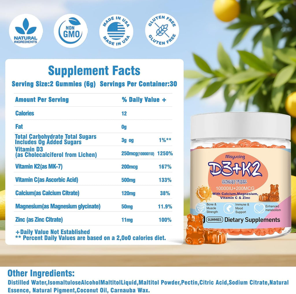 Vitamin D3 K2 Gummies, Vitamina D3 10000 UI con K2 200 mcg, Vitamina C, Calcio, Magnesio, Zinc, Apoyo para Huesos, Articulaciones, Músculos, Nervios y Sistema Inmunológico (60, Naranja, Sin Azúcar)