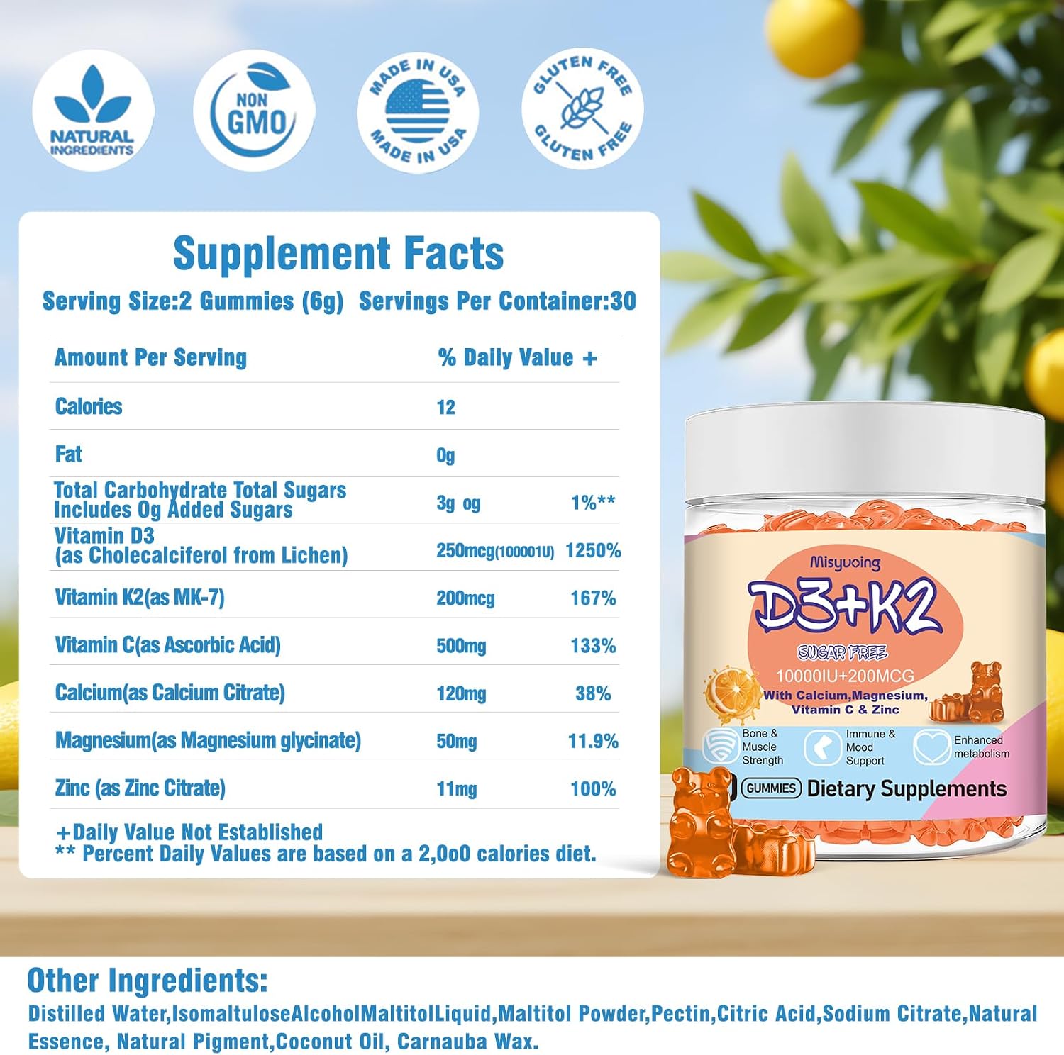 Vitamin D3 K2 Gummies, Vitamina D3 10000 UI con K2 200 mcg, Vitamina C, Calcio, Magnesio, Zinc, Apoyo para Huesos, Articulaciones, Músculos, Nervios y Sistema Inmunológico (60, Naranja, Sin Azúcar)