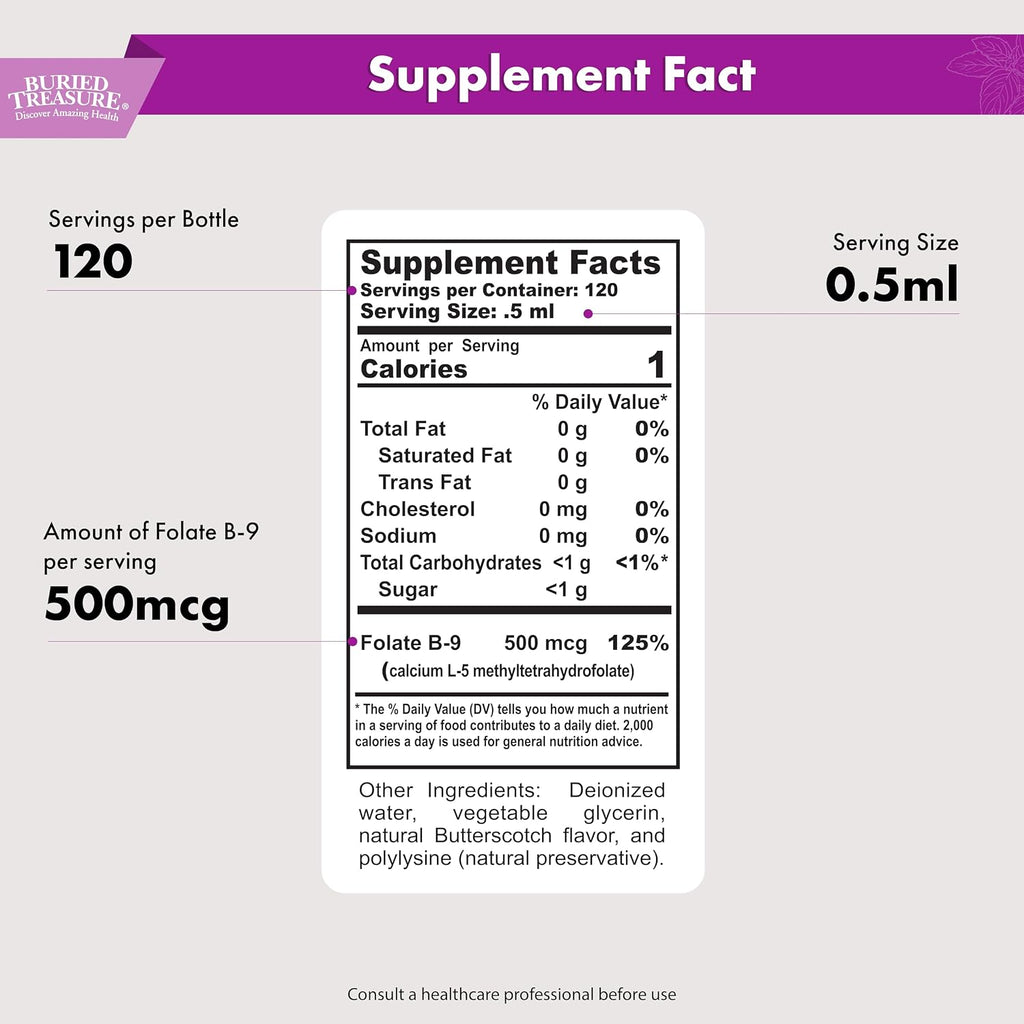 Buried Treasure Gotas de Folato Metilado - 5-MTHF (Calcio L-5-Metiltetrahidrofolato), 500 mcg, 120 Servicios
