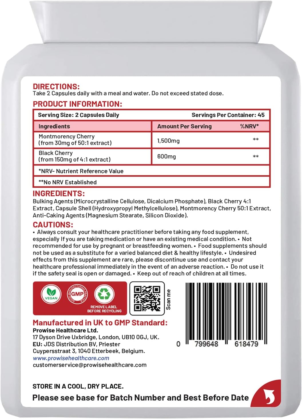 Prowise Healthcare Cherry Max+ 2100 mg – 90 cápsulas veganas de alta potencia