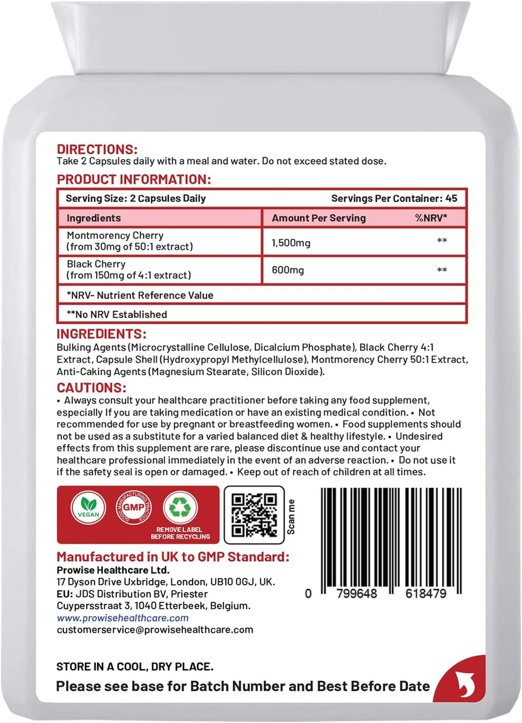 Cherry Max+ - 2100mg Montmorency con Black Cherry (90 Cápsulas Veganas)