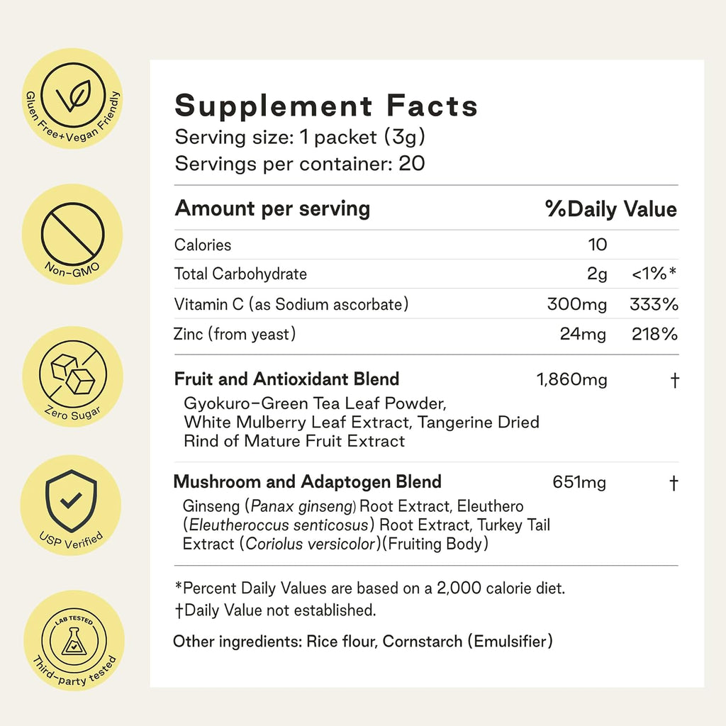 NOOCI Energy + Immunity: Suplemento de energía herbal con ginseng y cola de pavo, 20 sobres