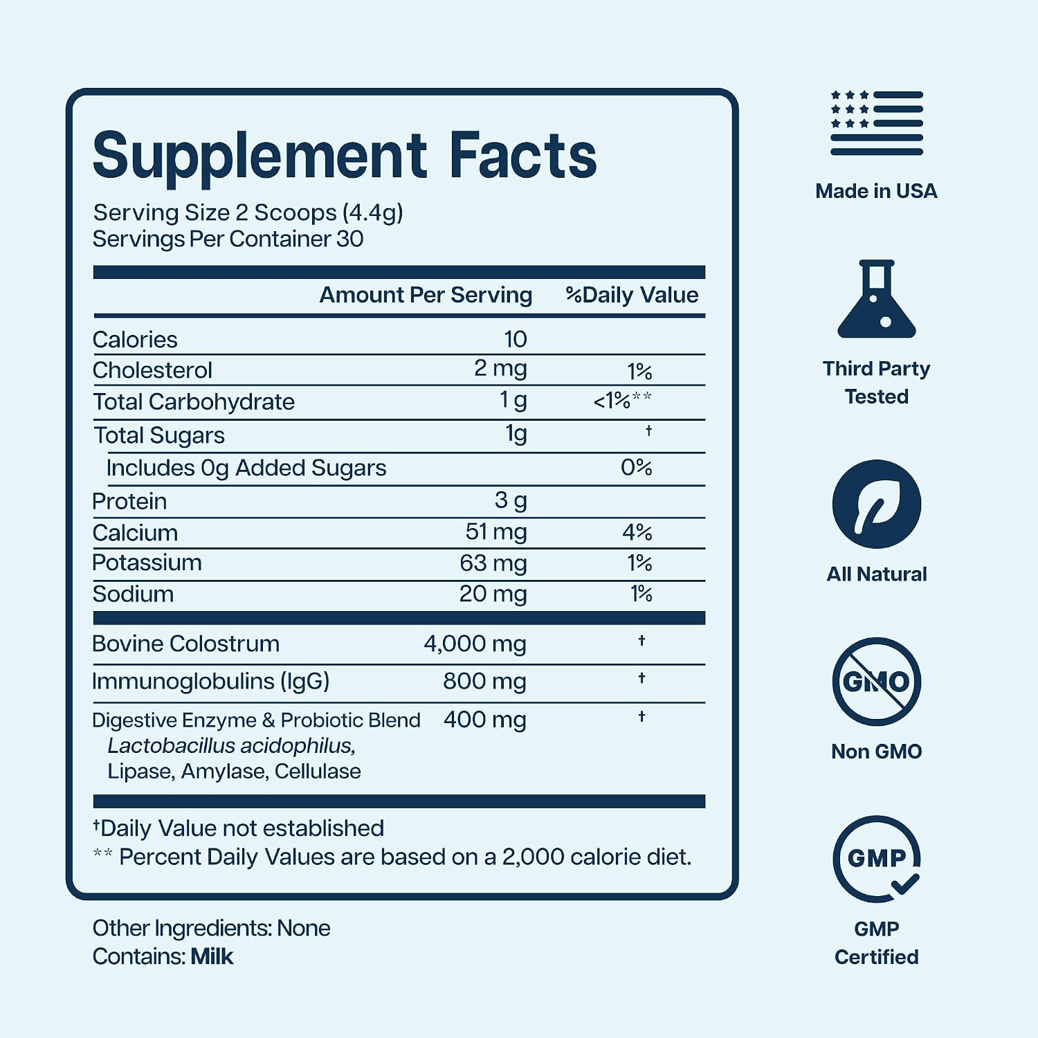 Baese Nutrition Calostro Bovino en Polvo 4000mg 800 IgG con Probióticos - 132g, Sin Sabor