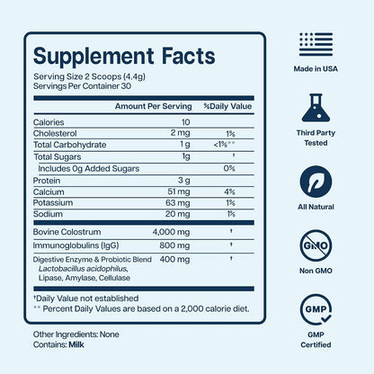 Baese Nutrition Calostro Bovino en Polvo 4000mg 800 IgG con Probióticos - 132g, Sin Sabor – Image 5