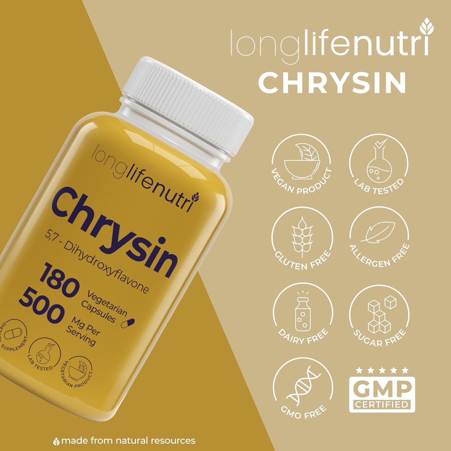 LongLifeNutri Crisina 500 mg – 180 Cápsulas Vegetales