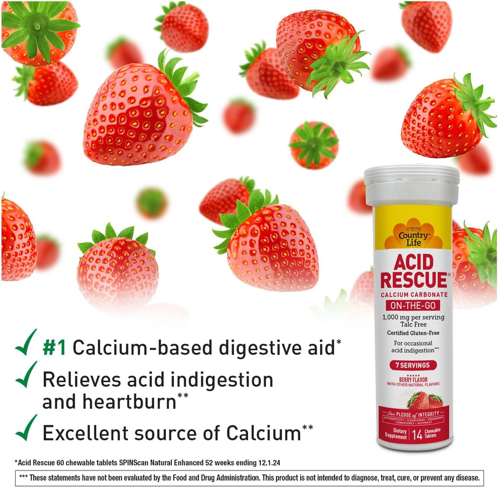 Country Life Acid Rescue Comprimidos Masticables - Alivio Rápido de la Acidez, 400mg Calcio y Magnesio, Vegano, Sin Gluten, 8 Envases (112 tabletas)