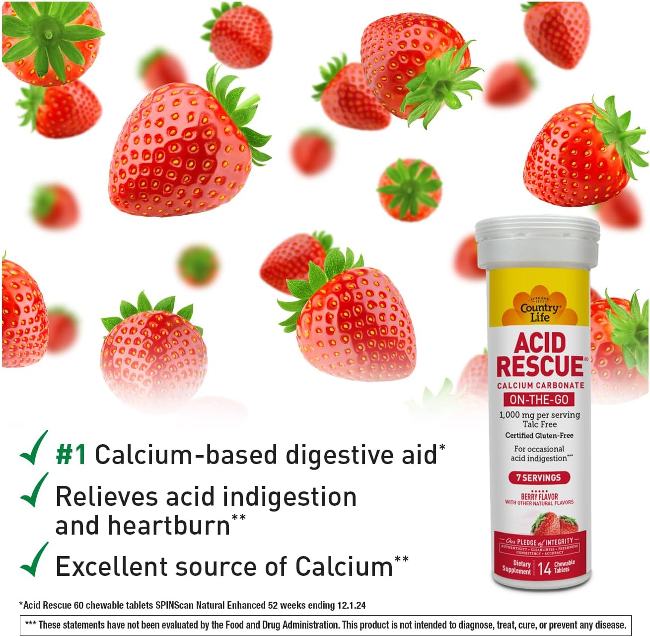 Country Life Acid Rescue Comprimidos Masticables - Alivio Rápido de la Acidez, 400mg Calcio y Magnesio, Vegano, Sin Gluten, 8 Envases (112 tabletas)