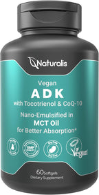 Naturalis Vegan Vitamin ADK con 50 mg de Tocotrienol y CoQ-10 | Nanoemulsionado en AOVE | No-GMO, Sin Soja, Certificado Vegano | 180 Cápsulas Vegetales (Sin Carragenina)