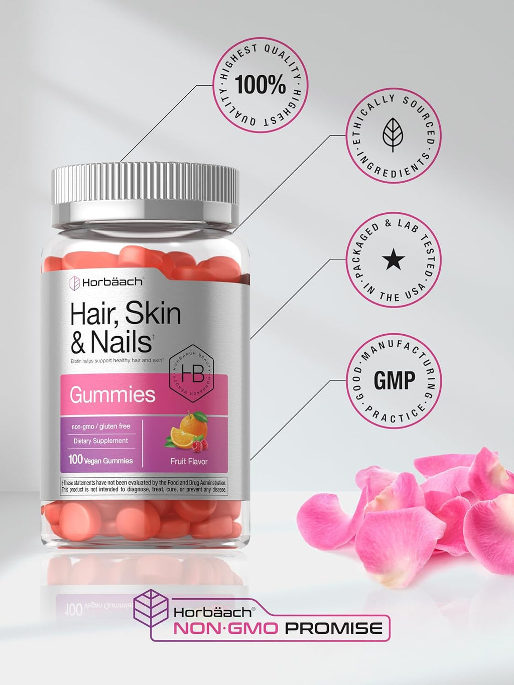 Gominolas de Biotina para Cabello, Piel y Uñas - 100 Unidades - Sabor Fruta - Sin Gluten - No GMO