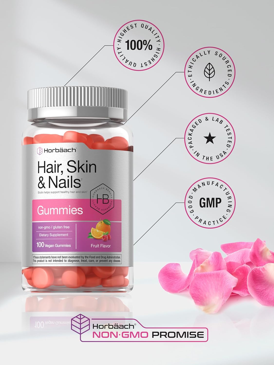 Gominolas de Biotina para Cabello, Piel y Uñas - 100 Unidades - Sabor Fruta - Sin Gluten - No GMO