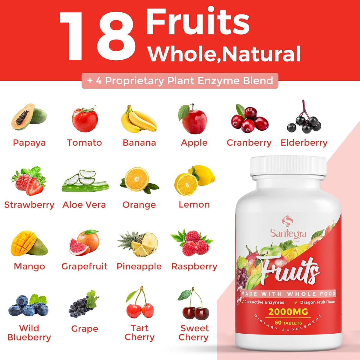 Santegra 2000 MG Fruit and Veggies Supplement, 35+ Fruits and Vegetables, 120 Tablets – Image 3